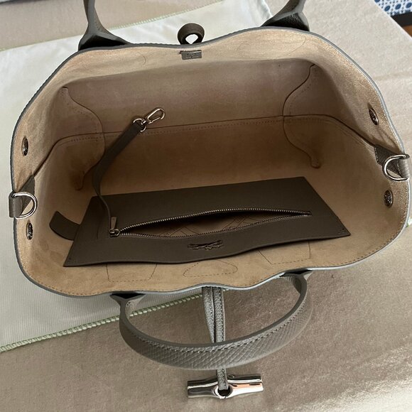 LONGCHAMP Medium Roseau Leather Top Handle Bag - Turtle Dove Grey - Authentic - Picture 10 of 17